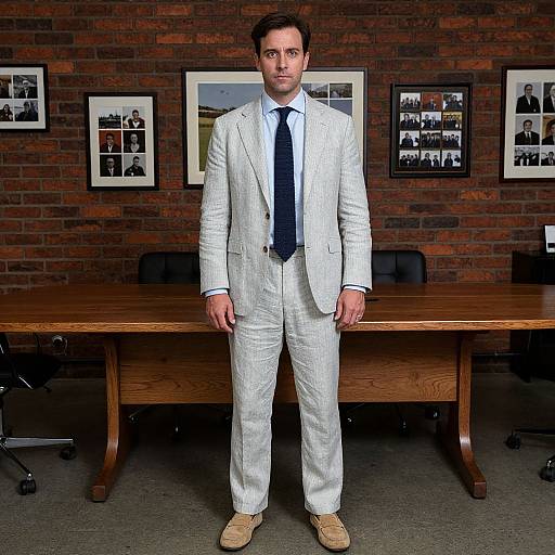 Photograph of a handsome man in a white pinstripe suit, blue tie, and tan shoes, standing in front of a wooden desk in a