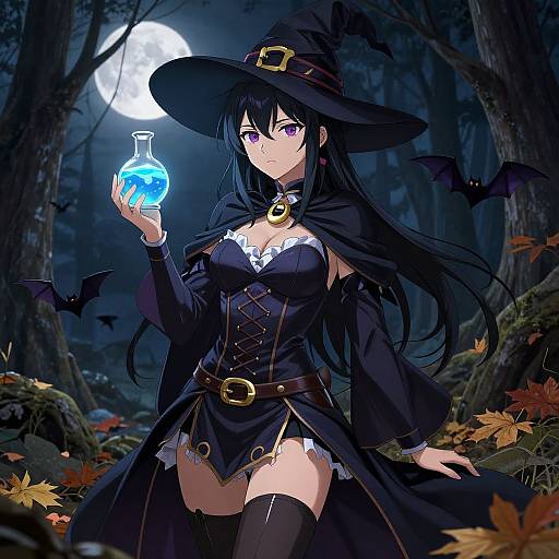 Anime-style illustration of a sexy witch with long black hair, purple eyes, holding glowing blue potion, in dark forest at night.