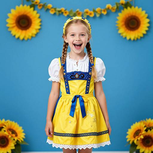 Photograph of a smiling young girl with braided hair, wearing a yellow sundress with blue accents, white blouse, and yellow headband, standing