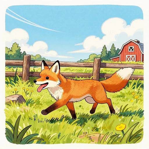 Colorful Cartoon Fox Running in Field
