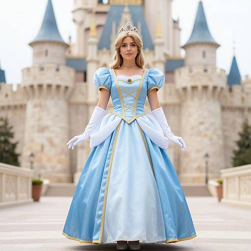Photorealistic image of a young woman in a blue Disney princess gown, white gloves, and tiara, standing in front of a castle.
