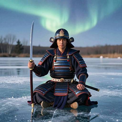 Photograph of a Japanese samurai kneeling on ice, holding a katana, wearing detailed black armor, under a vibrant aurora borealis.