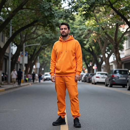 Man in Orange Hoodie Standing on City Street