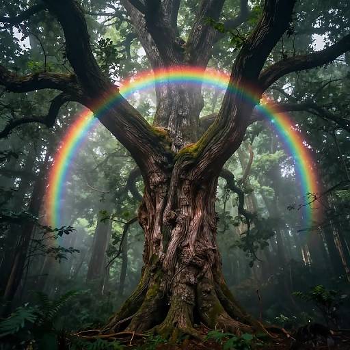 Photograph of a majestic, moss-covered tree in a dense forest with a vibrant rainbow arching across its branches, surrounded by mist and lush greenery