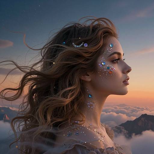 Photorealistic digital portrait of a fair-skinned woman with wavy blonde hair, adorned with sparkling blue and purple face paint, set against a twilight