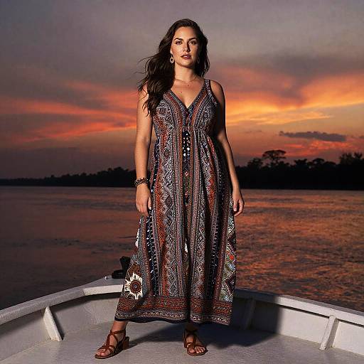 Woman in Bohemian Dress on Amazon River at Sunset
