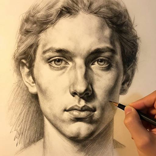 Detailed pencil sketch of a young woman with wavy hair, realistic facial features, and intense gaze, being drawn by a hand holding a pencil.