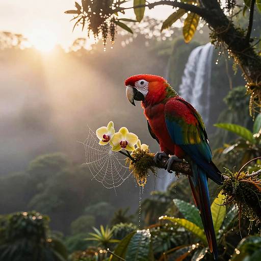 Crimson Macaw in Misty Cloudforest Dawn