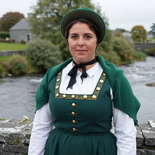 Photograph of a middle-aged woman in traditional Irish costume with green dress, white shirt, black ribbon, and green shawl, standing by a river