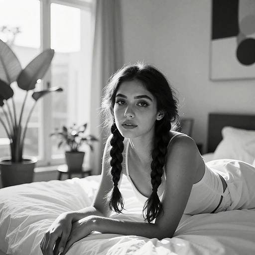 Black-and-white photograph of a young woman with dark braided hair, lying on a bed, wearing a white tank top, looking directly at the camera