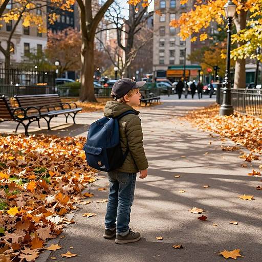 Photograph of a young boy in a green jacket, black cap, blue backpack, and jeans, standing on a sunlit autumn path with fallen leaves