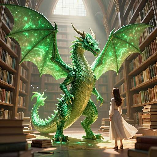 Digital art: Green, glowing dragon with large wings stands in a sunlit library, facing a woman in a white dress. Books surround them, sunlight