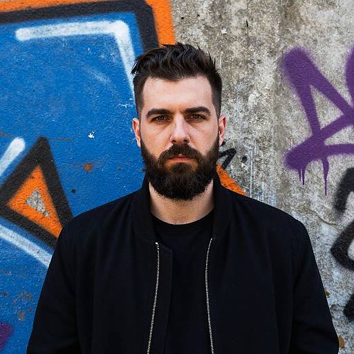 Photograph of a bearded man with dark hair, wearing a black shirt, standing against a graffiti-covered concrete wall with blue and orange graffiti.