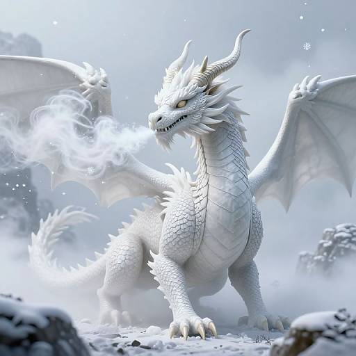 Photorealistic digital artwork of a white, majestic dragon with icy scales, large wings, and glowing eyes, standing in a snowy, misty landscape