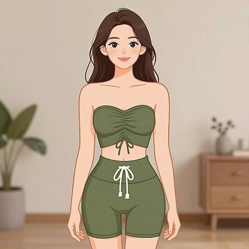 Digital anime-style drawing of a smiling woman with long black hair, wearing a green strapless crop top and matching high-waisted shorts, standing in