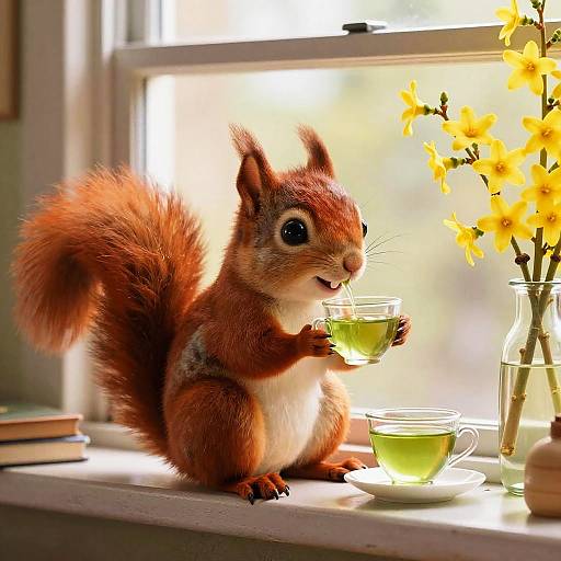 Whimsical Red Squirrel Tea Time