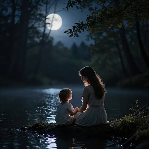 Photograph of a mother and child sitting in a moonlit lake, illuminated by the full moon, surrounded by dark trees.