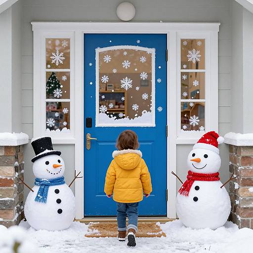 Photograph: Child in yellow jacket facing blue door with snow-covered snowmen, black top hat, red hat, and scarves on snowy porch.