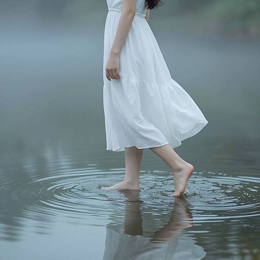 Photograph of a woman in a flowing white dress, barefoot, walking through shallow water, creating ripples, with a blurred, misty background