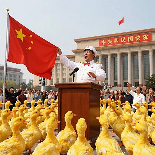 Photograph: Chinese man in white uniform and sailor hat, holding red flag, speaking from podium surrounded by yellow duck parade. Background: Government building with