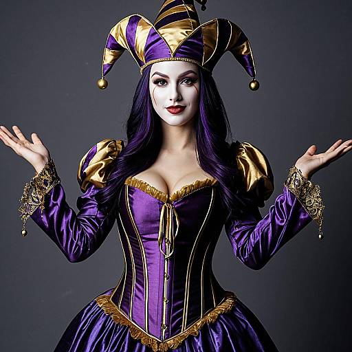 Woman in Purple and Gold Jester Costume
