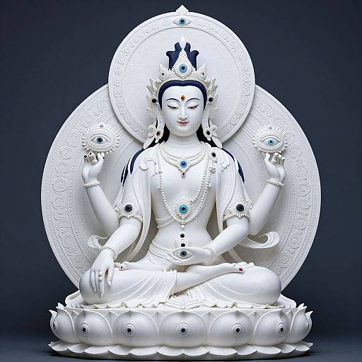 Photograph of a white, intricately detailed statue of a serene, seated deity with black hair, holding lotus flowers, adorned with jewels, set
