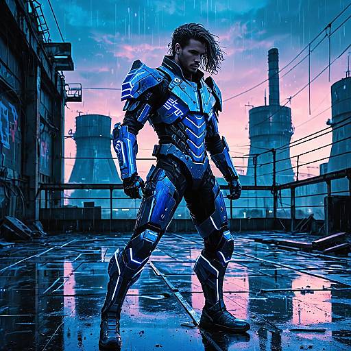 Cybernetic Warrior on Rooftop at Twilight