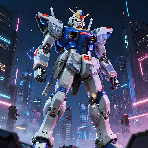 CGI image of a towering, white and blue mecha robot with red and orange accents, standing in a neon-lit futuristic cityscape at night