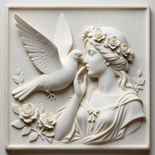 Photograph of a white marble relief sculpture depicting a woman with a flower crown, gently touching a dove's beak, surrounded by roses.