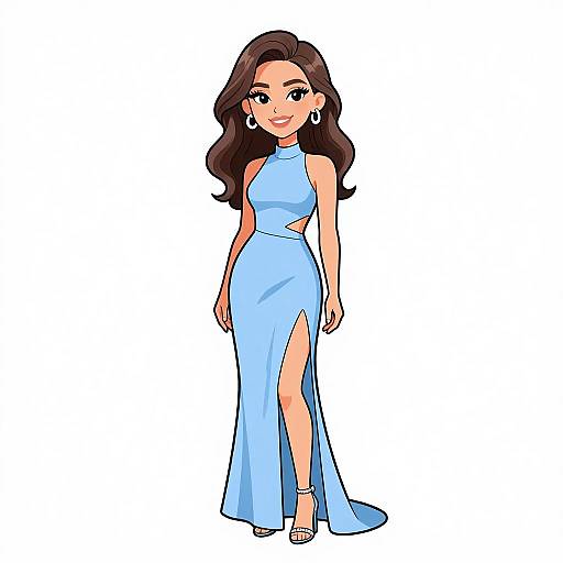 Digital cartoon of a smiling woman with long brown hair, wearing a light blue, sleeveless, high-neck gown with a thigh-high slit, silver hoop