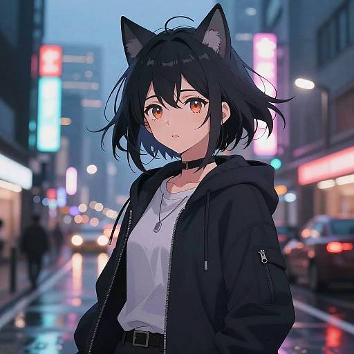 Anime-style digital artwork of a black-haired girl with cat ears in a black hoodie, white shirt, and choker, standing on a neon-lit