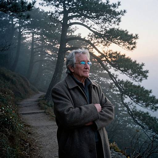 Elderly Man on Foggy Mountain Trail
