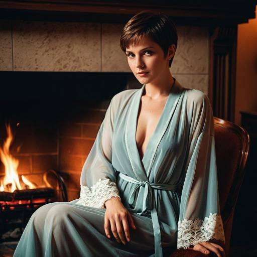 Woman in Blue Robe by Fireplace