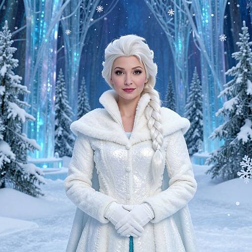 Digital art of a white-haired woman in a fluffy white coat, standing in a snowy, enchanted forest with glowing blue lights.