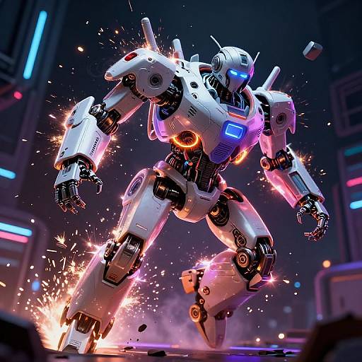 CGI image of a glowing white robotic warrior with blue lights, surrounded by sparks, in a futuristic, neon-lit arena.