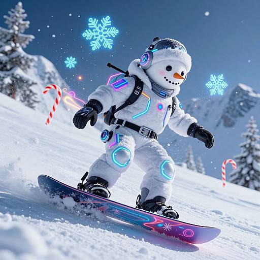 Digital artwork of a snowman wearing a futuristic snowsuit and neon lights, snowboarding down a snowy mountain with glowing snowflakes and candy canes