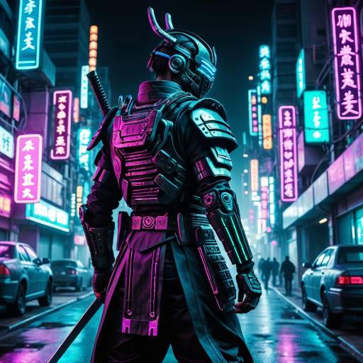 Cybernetic Samurai in Neon Cityscape