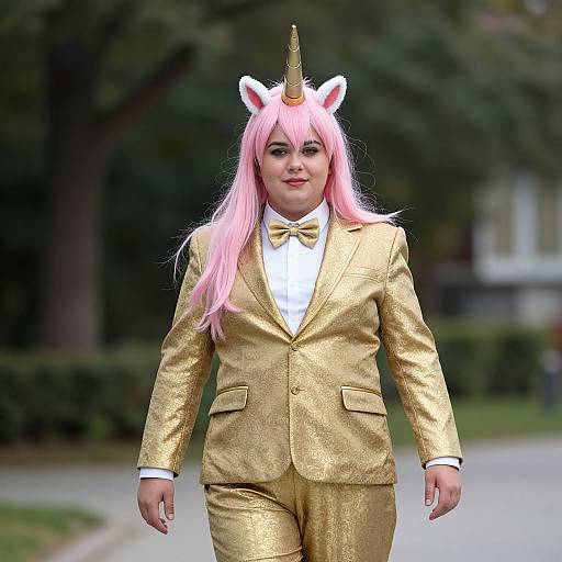 Photograph of a woman with pink hair, unicorn horn, and golden suit, walking outdoors, wearing white shirt and bow tie.