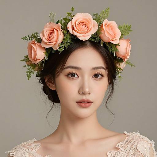 Photograph of an Asian woman with fair skin, dark hair in a loose bun, wearing a peach rose and greenery headpiece, and a white