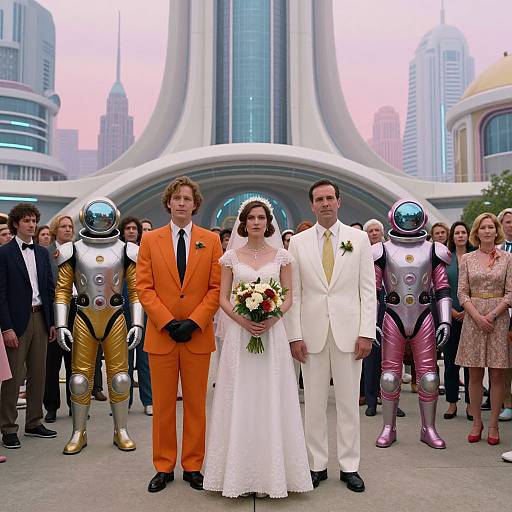 Photograph of a bride in white dress, groom in white suit, and groomsmen in orange and silver space suits, standing in front of a