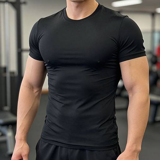 Photograph of a muscular man wearing a tight black t-shirt and black shorts, standing in a modern gym with blurred equipment in the background. His face