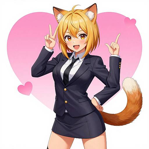 Anime-style digital drawing of a blonde fox girl in a black suit, white shirt, and black tie, flashing double peace signs, with a pink heart