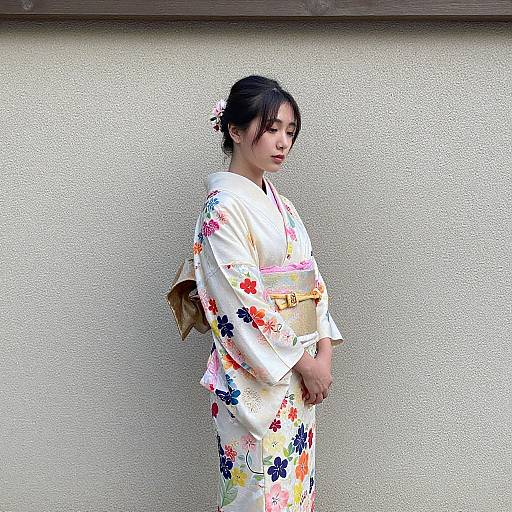Photograph of an Asian woman in a white floral kimono, standing against a textured beige wall, with black hair in a bun.