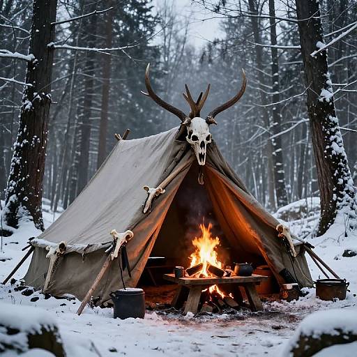 Photograph of a snow-covered forest campsite with a gray tent, skull-adorned entrance, burning fire, wooden stools, and buckets in front