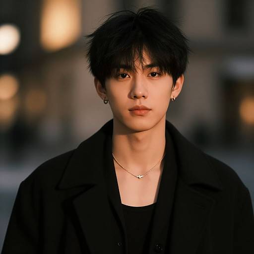 Photograph of an Asian man with messy black hair, wearing a black coat, small earrings, and a delicate necklace, standing in a blurred urban evening