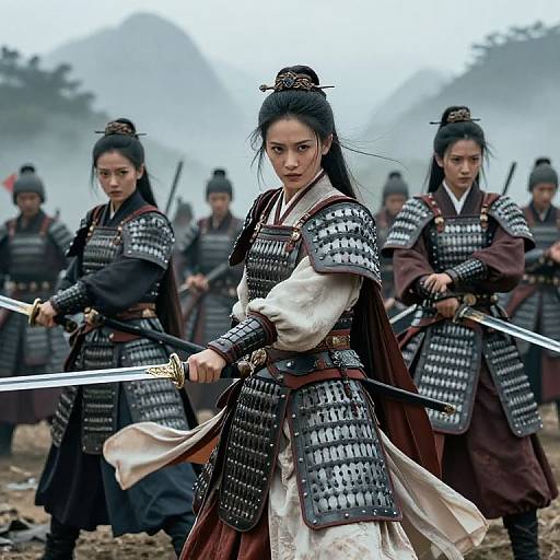 Photograph of fierce East Asian women warriors in traditional armor, holding swords, standing in formation on misty battlefield. Foreground woman leads with determined expression