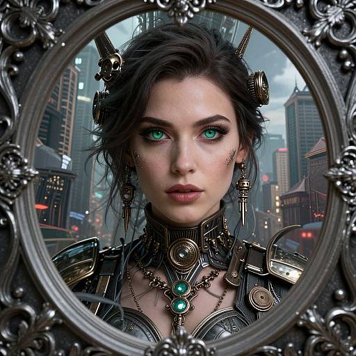 Digital artwork of a steampunk woman with green eyes, intricate headgear, and armor, framed in an ornate circular mirror, set in a