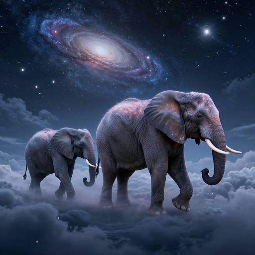 Photograph-style CGI of two elephants with glowing, star-like patterns on their backs standing on clouds under a starry night sky with a glowing galaxy.