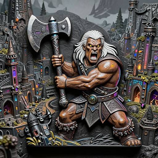 Digital art: Muscular, white-haired Viking warrior with fierce expression, wielding massive, ornate axe, kneeling in detailed, colorful, medieval cityscape