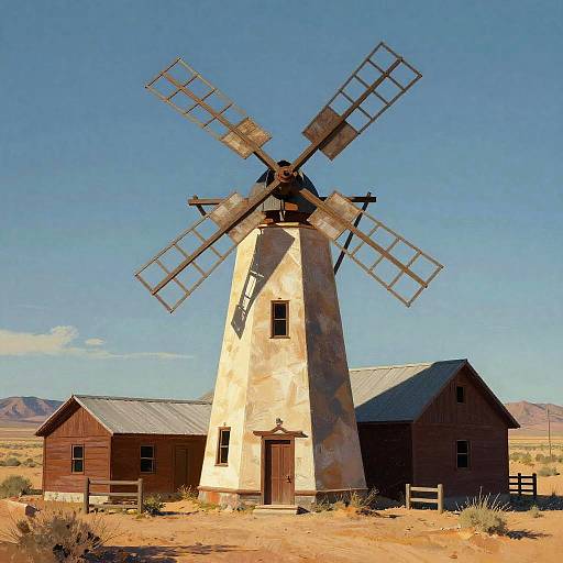 Photograph of a rustic, weathered windmill tower with four large, metal blades, set between two wooden buildings in a desert landscape under a clear